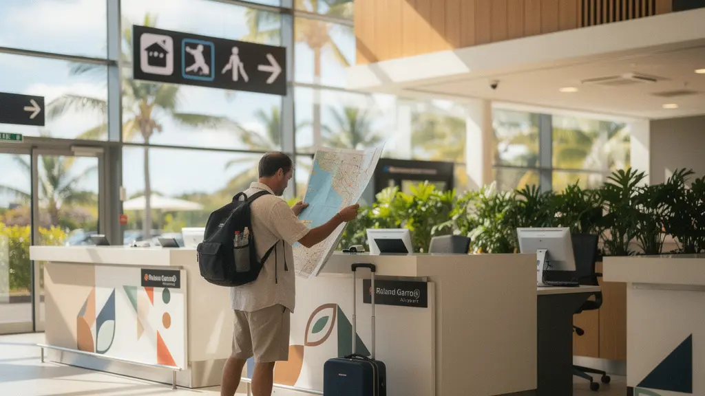 Comptoirs de location de voiture à l'aéroport de La Réunion avec voyageur consultant une carte et signalétique directionnelle