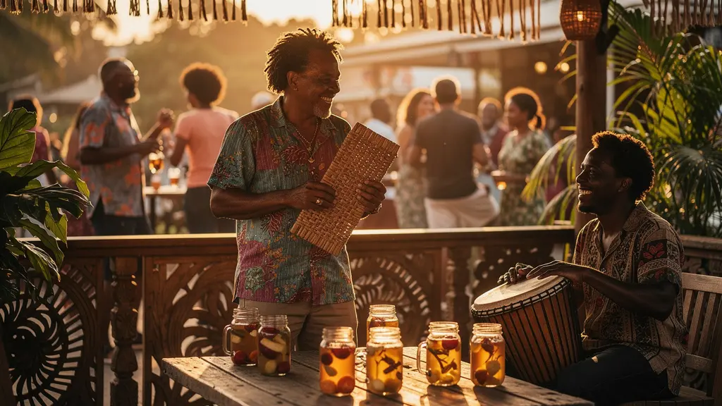 Terrasse de bar créole animée au coucher du soleil avec musiciens locaux et rhums arrangés