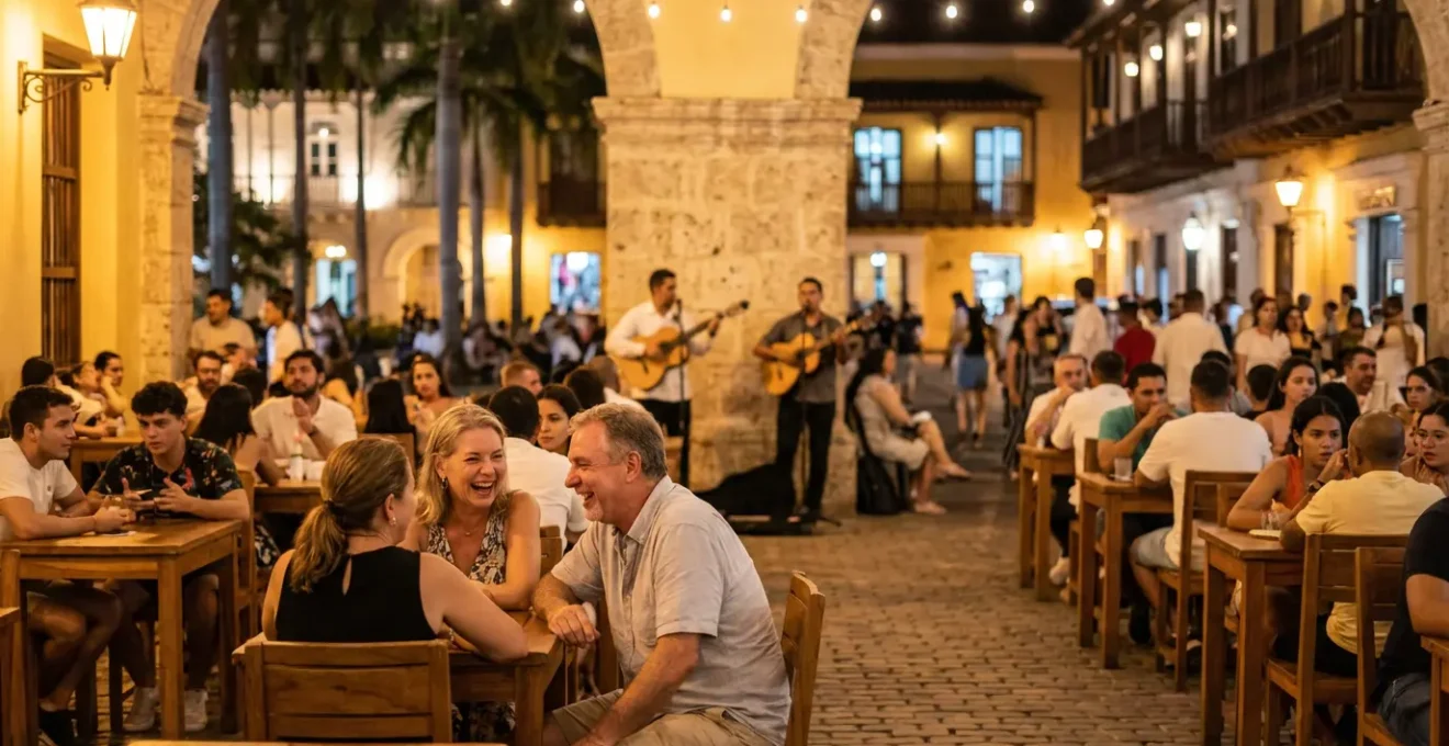 Scène nocturne animée du Carré Cathédrale à Saint-Denis avec foule métissée dans les rues piétonnes éclairées