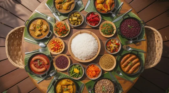 Vue aérienne d'une table ronde familiale réunionnaise avec différents plats traditionnels disposés en cercle