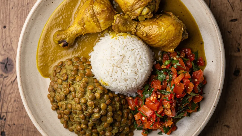 Vue aérienne d'une assiette créole avec riz, cari poulet, grains et rougail disposés traditionnellement