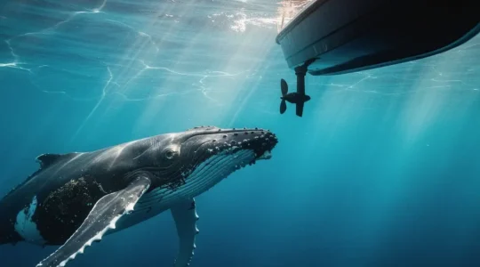 Vue sous-marine d'une baleine à bosse s'approchant paisiblement d'un bateau silencieux dans les eaux cristallines de La Réunion