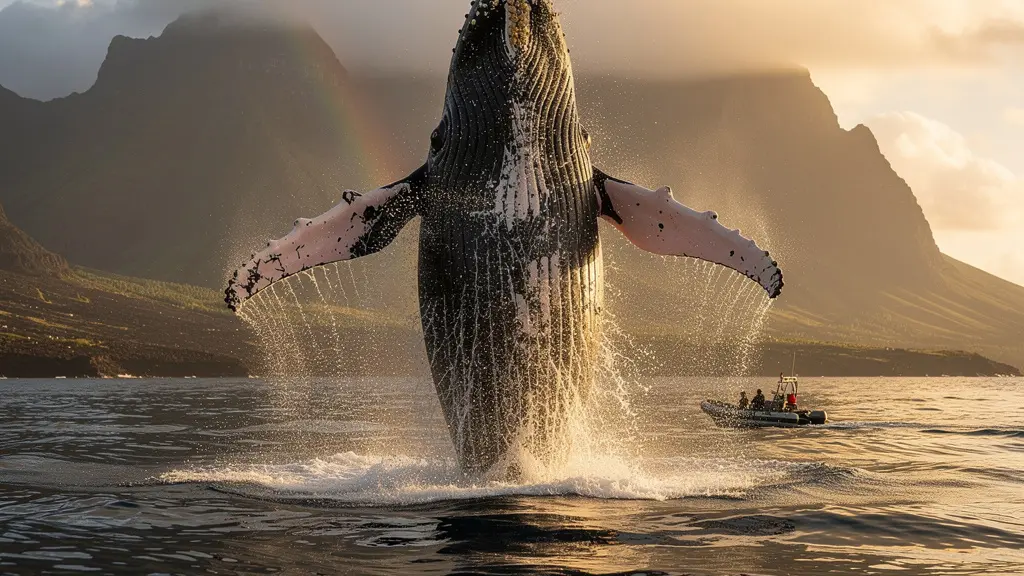 Baleine à bosse en plein saut hors de l'eau avec les montagnes de La Réunion en arrière-plan