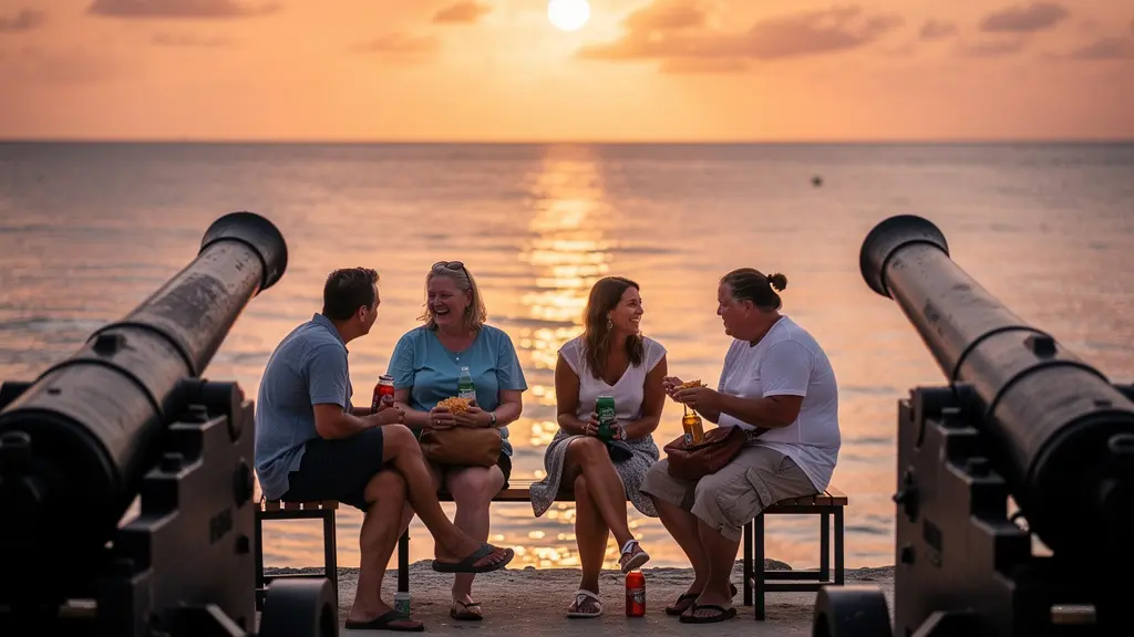 Canons historiques du Barachois de Saint-Denis au coucher du soleil avec des personnes profitant de l'apéritif en arrière-plan