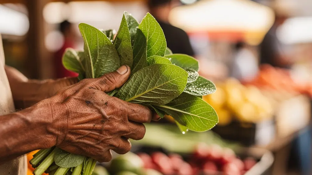 Bottes de brèdes chouchou fraîches attachées sur un étal de marché