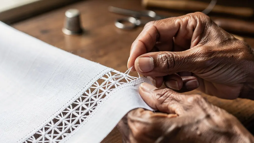 Gros plan sur les mains d'une brodeuse créole travaillant les Jours de Cilaos sur du lin blanc