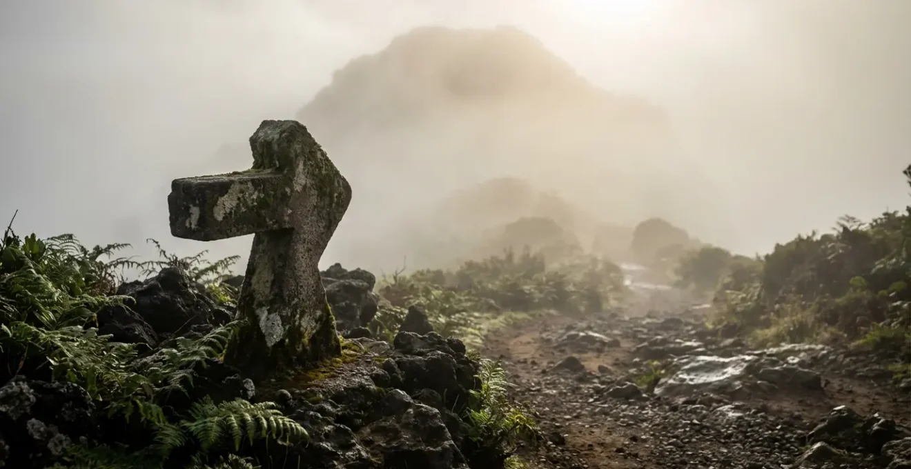 Sentier de montagne disparaissant dans une épaisse brume avec balisage GR visible au premier plan