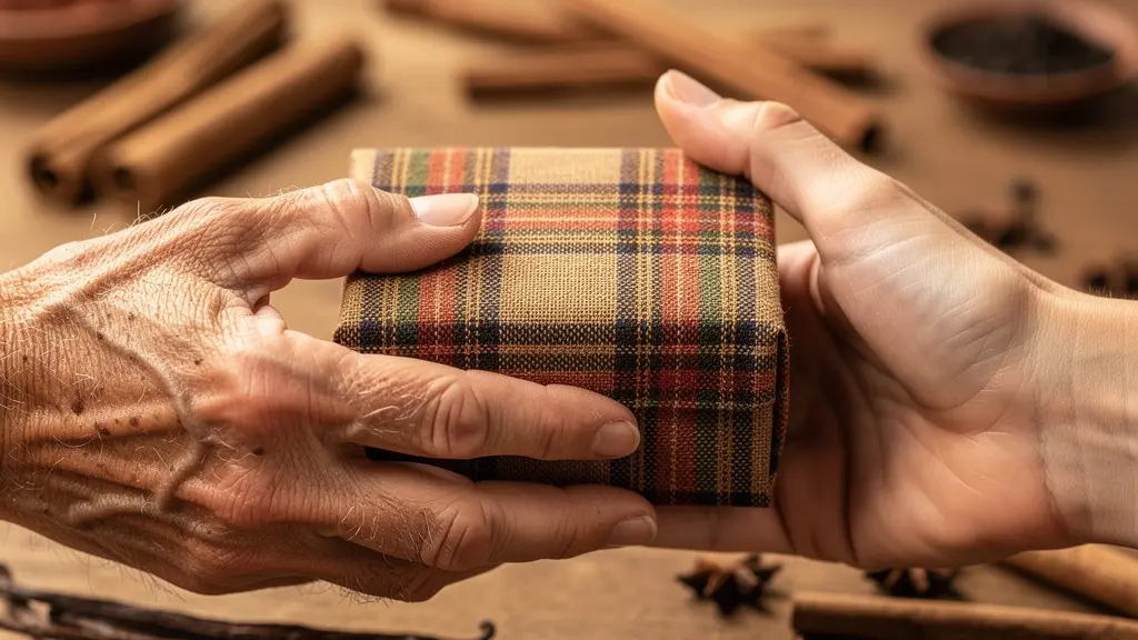 Mains échangeant délicatement un cadeau emballé dans un tissu traditionnel avec des épices locales en arrière-plan
