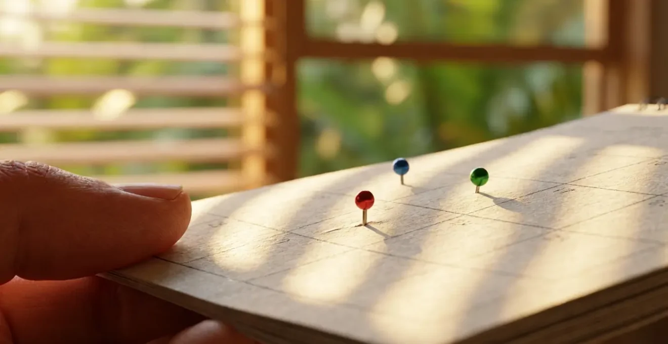 Main tenant un calendrier avec des épingles colorées marquant les périodes de vacances scolaires de La Réunion