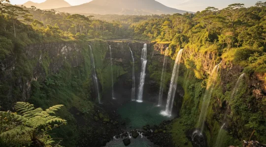 Vue aérienne des gorges profondes d'un canyon à La Réunion avec végétation luxuriante et cascade