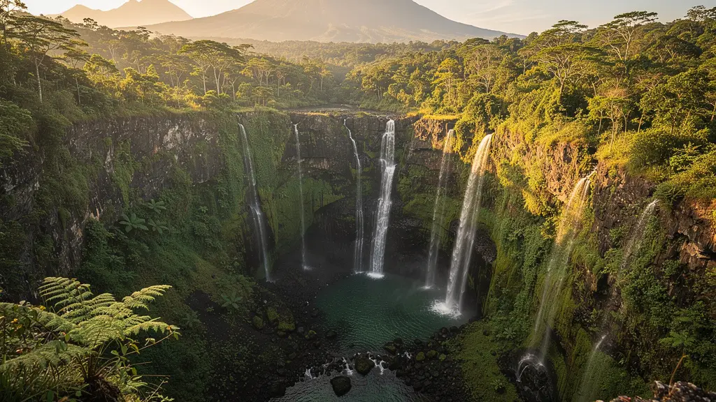 Vue aérienne des gorges profondes d'un canyon à La Réunion avec végétation luxuriante et cascade
