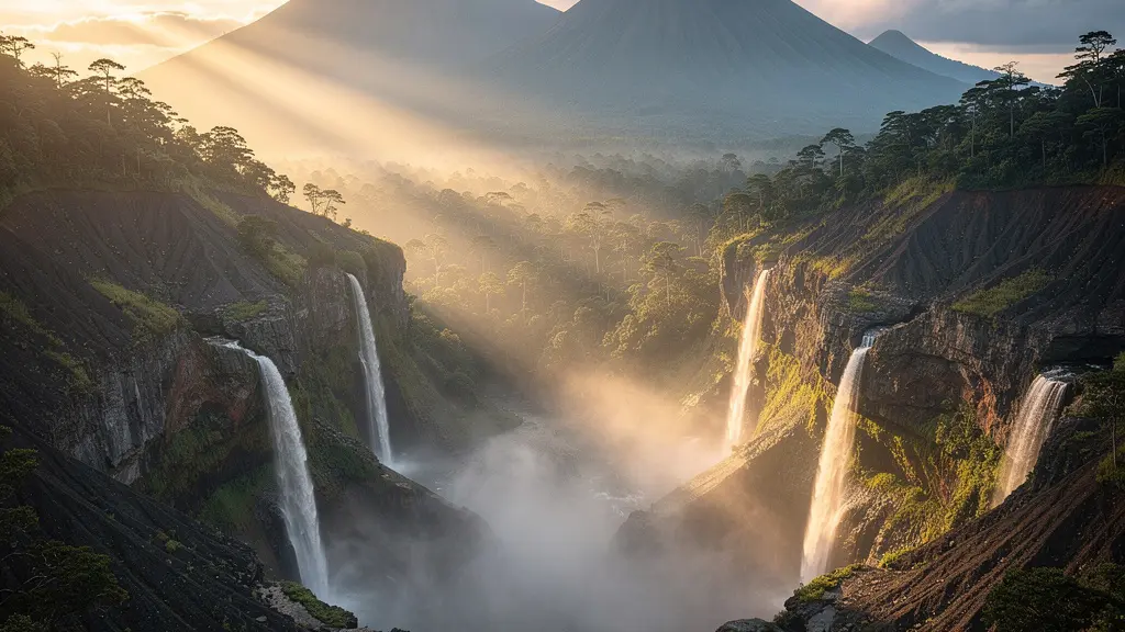 Canyon du Trou de Fer au lever du soleil avec cascade dans la brume dorée