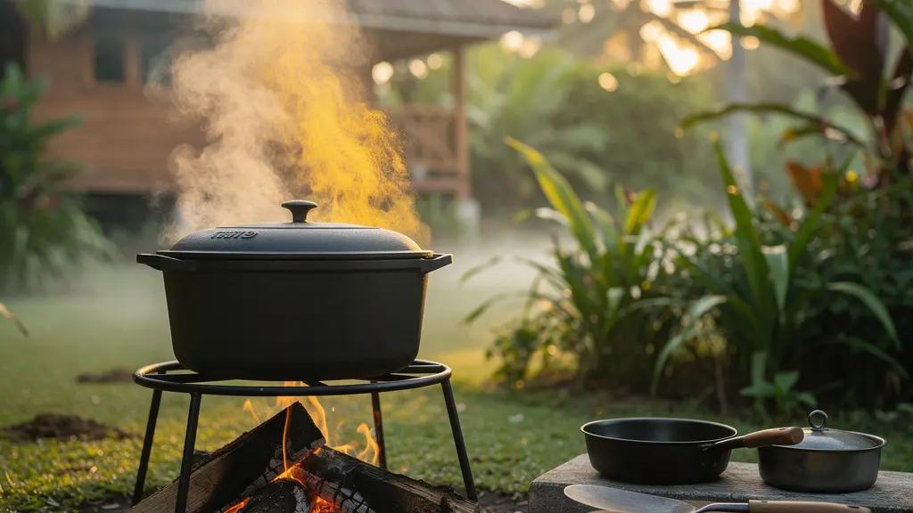 Marmite en fonte sur feu de bois avec cari poulet doré, vapeur aromatique et épices créoles en arrière-plan