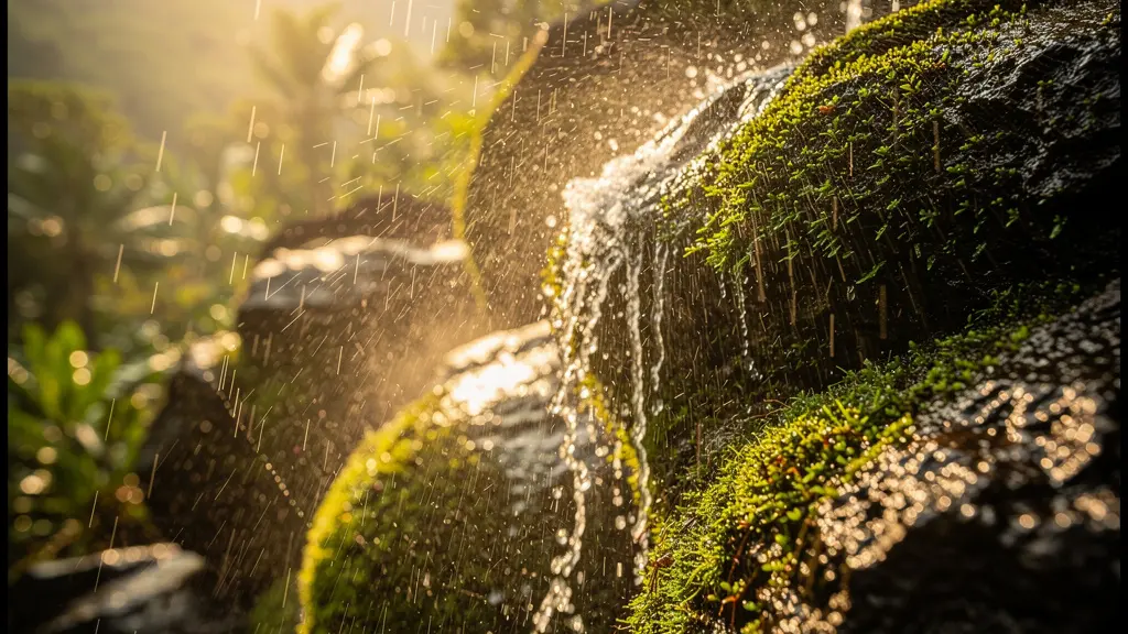 Cascade du Voile de la Mariée dans la lumière dorée du matin avec fine brume