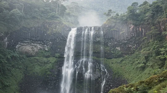 Cascade du Voile de la Mariée à Salazie avec une fine brume matinale créant un effet voilé mystérieux