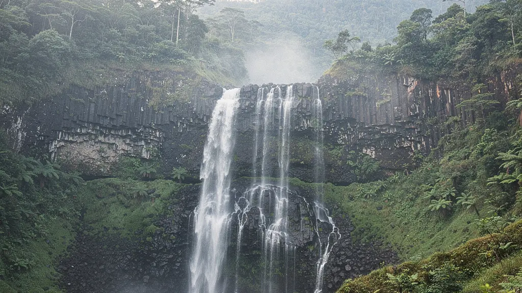 Cascade du Voile de la Mariée à Salazie avec une fine brume matinale créant un effet voilé mystérieux