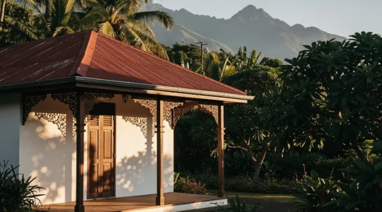 Case créole typique de La Réunion avec varangue, lambrequins et jardin tropical