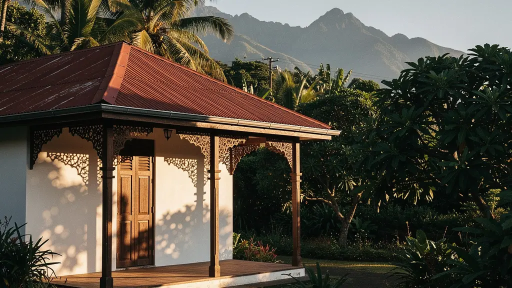 Case créole typique de La Réunion avec varangue, lambrequins et jardin tropical