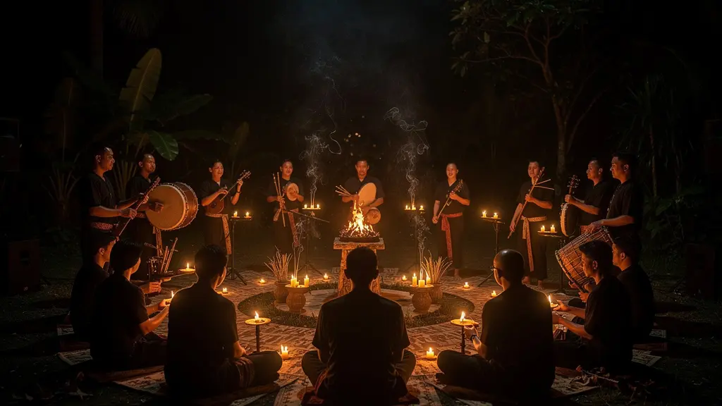 Cercle de musiciens de Maloya vus de dos dans une lumière tamisée lors d'une cérémonie