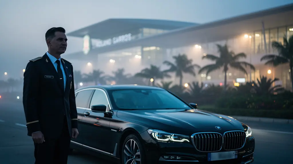 Chauffeur VTC professionnel devant son véhicule à l'aube, avec l'aéroport Roland Garros en arrière-plan