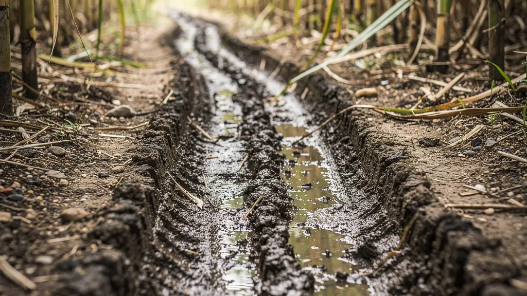 Chemin de terre boueux entre les champs de canne à sucre à La Réunion, illustrant un piège pour GPS.