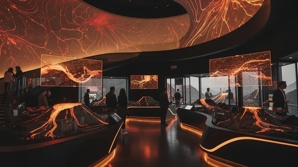 Intérieur moderne de la Cité du Volcan avec ses expositions interactives et projections holographiques