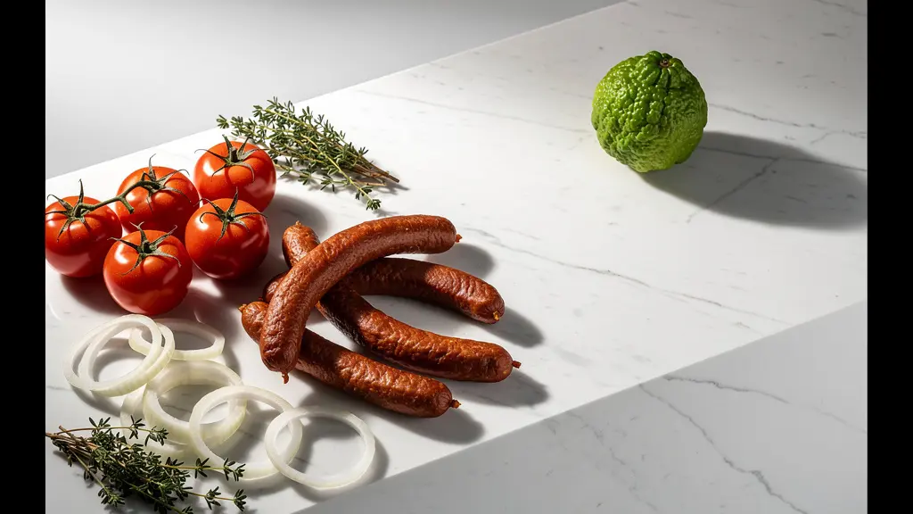 Disposition artistique d'ingrédients créoles avec combava en arrière-plan et saucisses fumées au premier plan