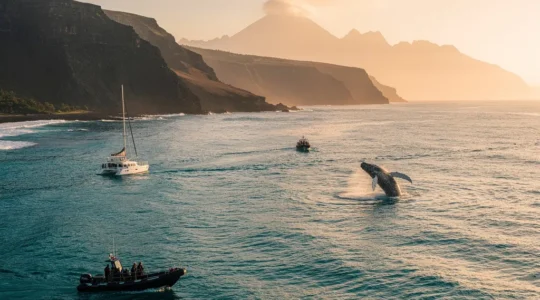 Vue aérienne de trois types d'embarcations naviguant près d'une baleine à bosse dans les eaux turquoise de La Réunion