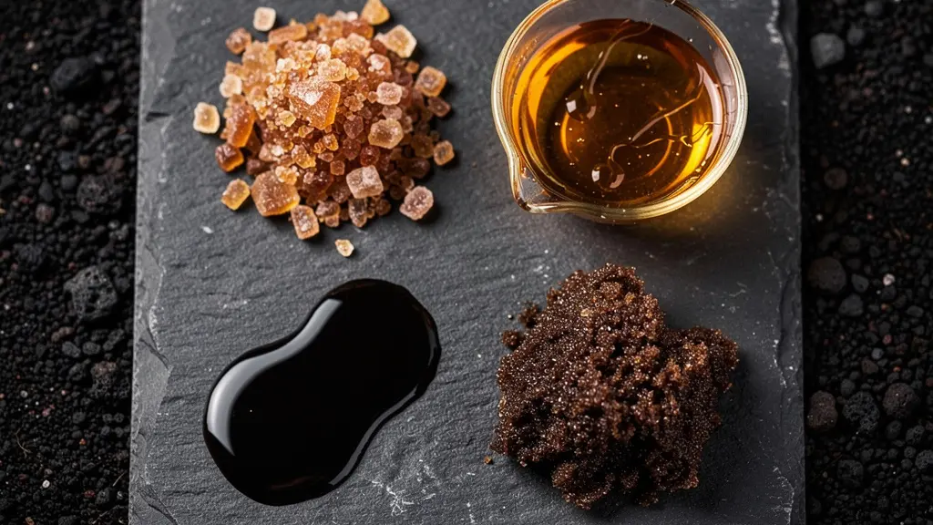 Différents types de sucres locaux de La Réunion pour rhum arrangé disposés sur une table en bois tropical