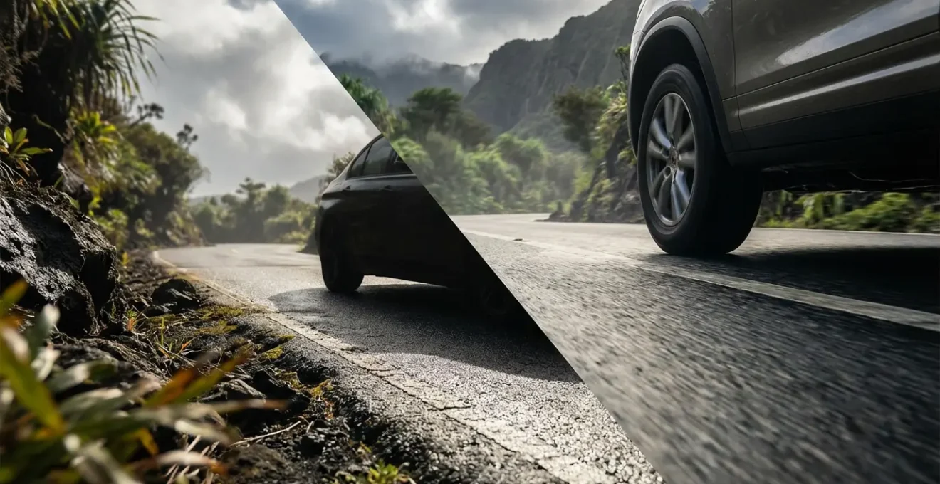 Comparaison visuelle entre citadine et SUV sur route de montagne tropicale