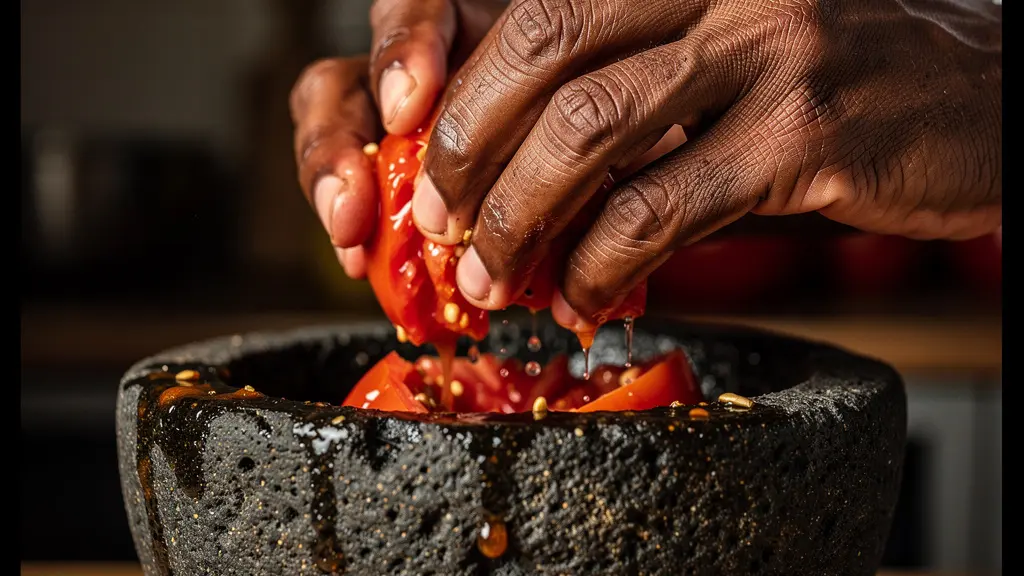 Mains concassant des tomates fraîches au-dessus d'un mortier en pierre avec jus visible