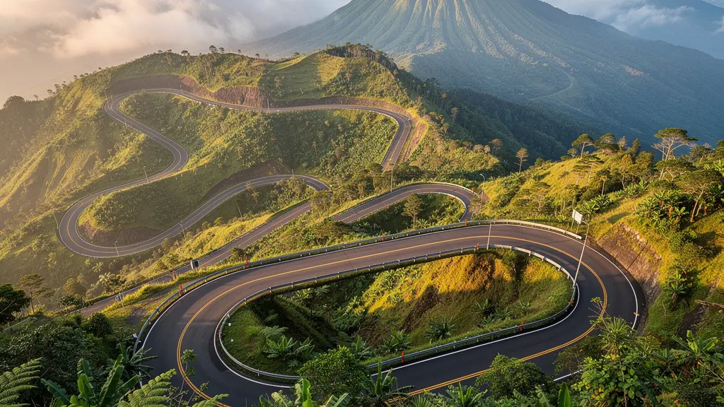 Vue plongeante d'une route de montagne sinueuse avec virages en épingle à cheveux dans un paysage volcanique tropical