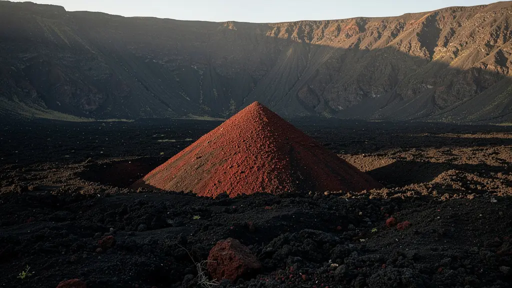 Vue du cône de scories rouge Formica Leo parfaitement symétrique dans l'Enclos Fouqué