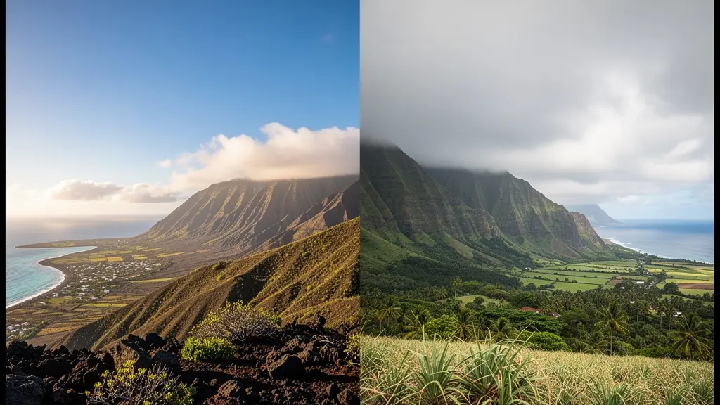 Vue panoramique montrant le contraste entre la côte ouest ensoleillée et la côte est nuageuse de La Réunion