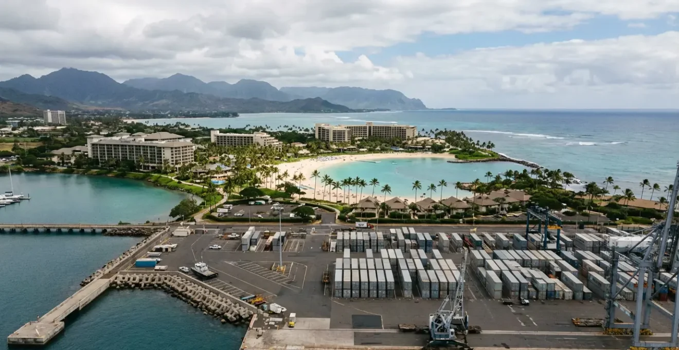 Vue aérienne contrastée montrant le paysage industrialo-portuaire du Port face à la côte balnéaire de Saint-Gilles à La Réunion