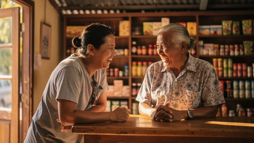 Client et propriétaire d'une boutique traditionnelle réunionnaise échangeant avec bienveillance dans une ambiance chaleureuse