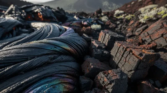 Détail de textures contrastées entre laves cordées lisses et gratons rugueux sur les pentes volcaniques du Piton de la Fournaise