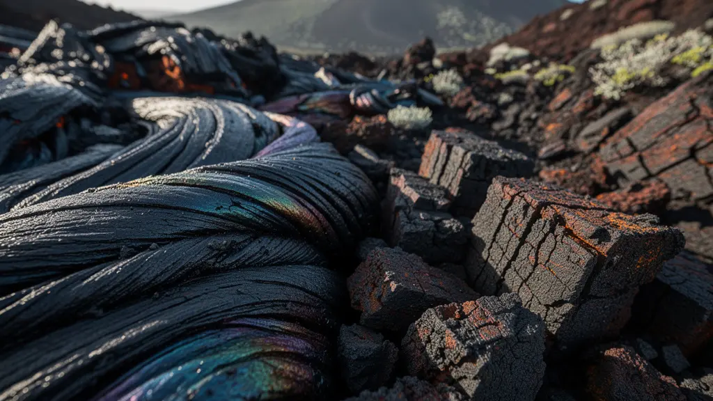 Détail de textures contrastées entre laves cordées lisses et gratons rugueux sur les pentes volcaniques du Piton de la Fournaise