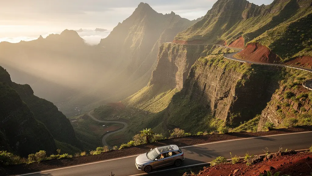 Véhicule traversant une route sinueuse dans les cirques montagneux de La Réunion avec plusieurs passagers