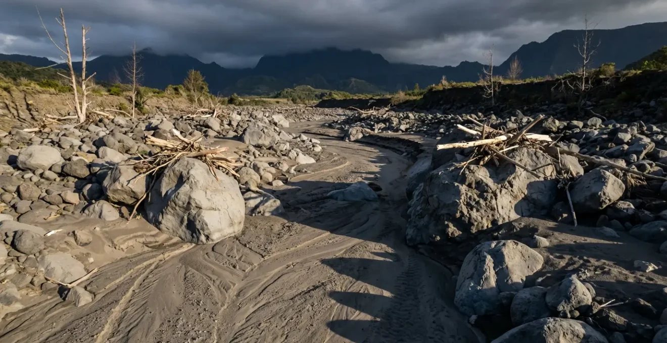 Vue aérienne dramatique d'une ravine asséchée à Cilaos avec rochers volcaniques et traces d'écoulement
