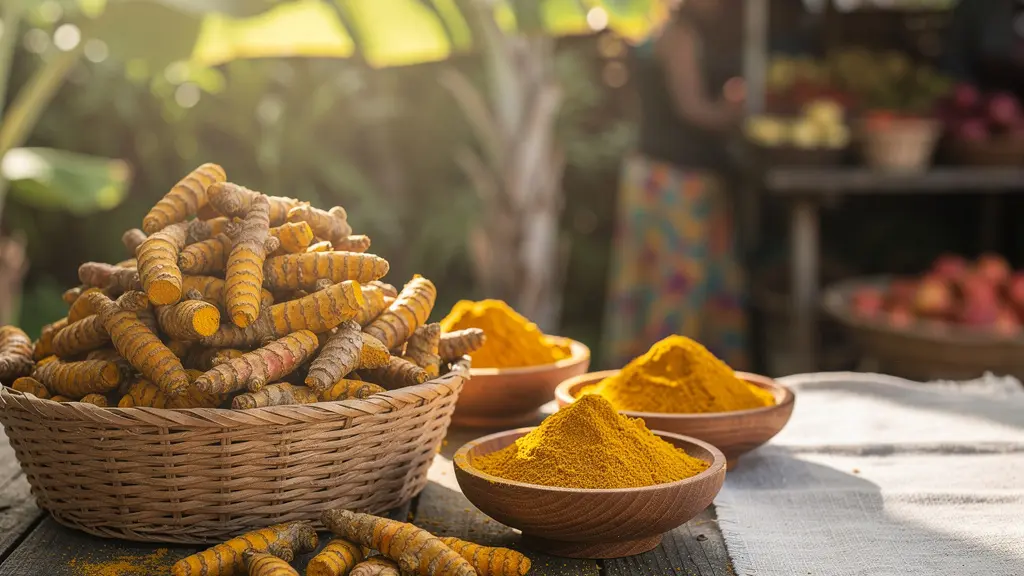 Rhizomes de curcuma frais et poudre dorée sur un étal de marché réunionnais