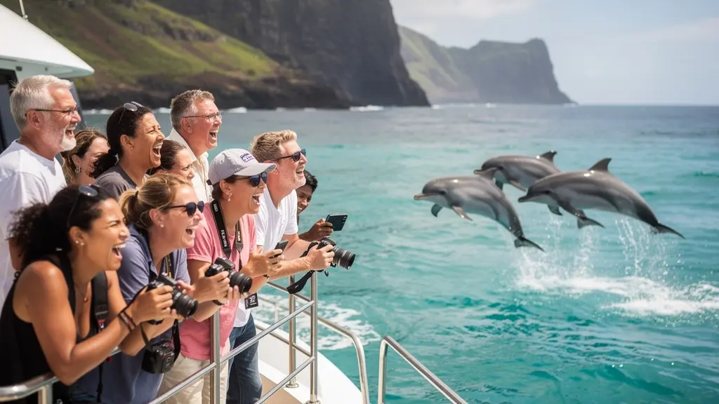 Groupe de dauphins long-bec évoluant près d'un catamaran avec vue sur la côte ouest de La Réunion