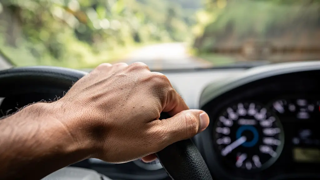 Gros plan sur pédale de frein et levier de frein à main dans habitacle avec route pentue visible à travers le pare-brise