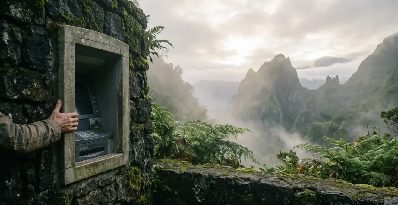 Distributeur bancaire isolé dans un village de montagne réunionnais avec vue sur les remparts
