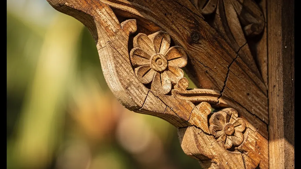 Vue macro des détails architecturaux en bois sculpté d'une case créole du Domaine du Grand Hazier.