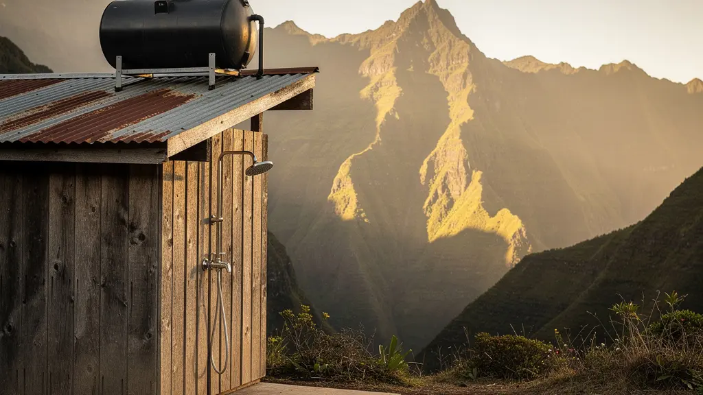 Installation de douche solaire extérieure typique d'un gîte de Mafate avec réservoir noir sur le toit et vue sur les montagnes