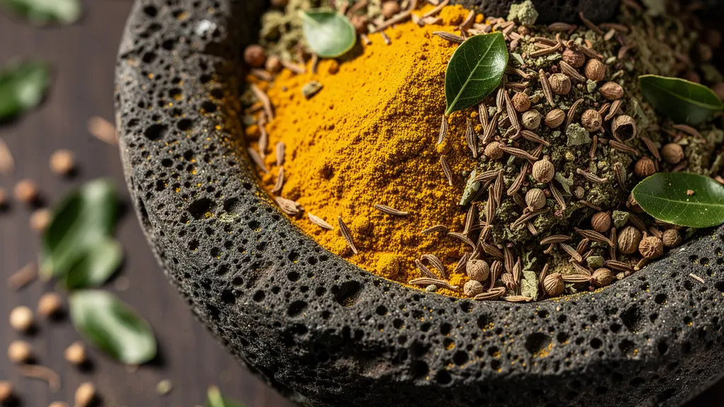 Gros plan sur un mortier en pierre volcanique avec épices massalé fraîchement pilées et feuilles de caloupilé