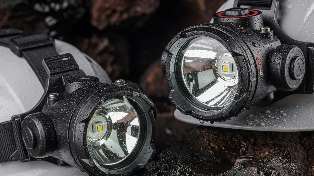 Équipement de spéléologie avec double système d'éclairage sur fond de roche volcanique