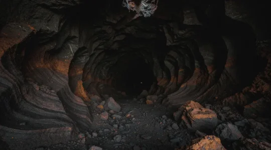 Vue immersive de l'intérieur d'un tunnel de lave volcanique montrant les parois oxydées et sculptées dans l'obscurité
