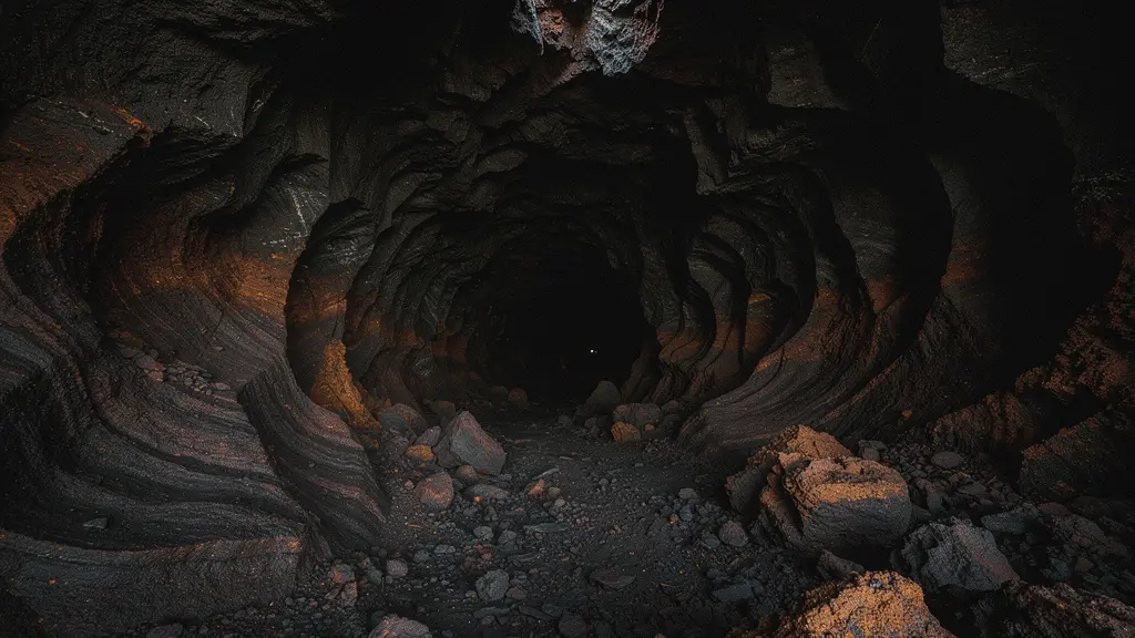 Vue immersive de l'intérieur d'un tunnel de lave volcanique montrant les parois oxydées et sculptées dans l'obscurité